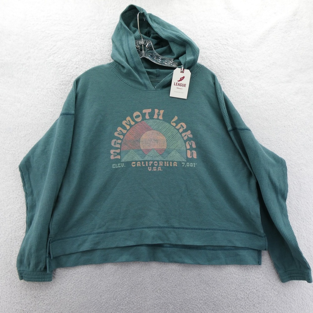 League Hoodie‎ Women Medium Mammoth Lakes California Teal Waffle Knit Cropped